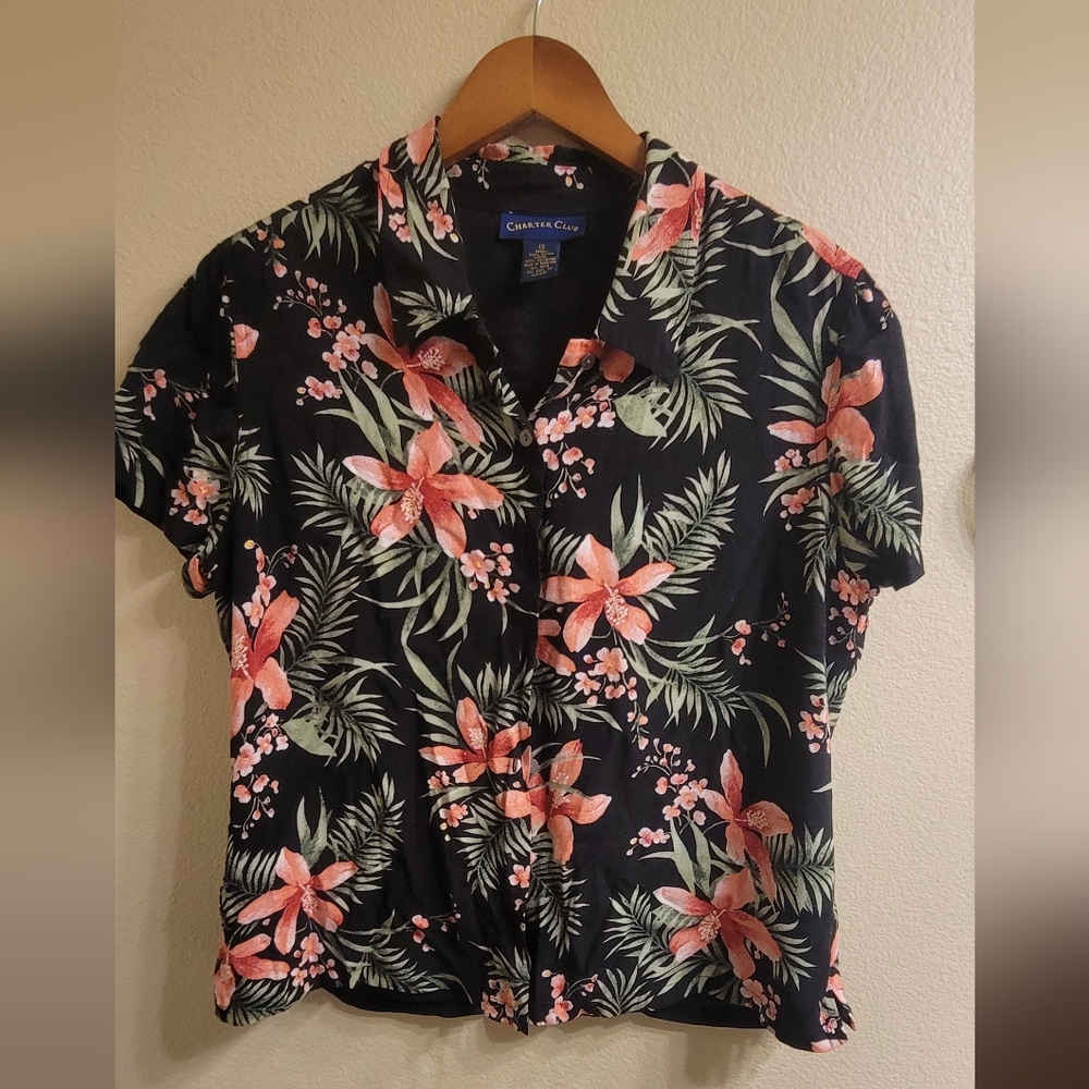 Vintage Charter Club Black Floral Blouse Cropped